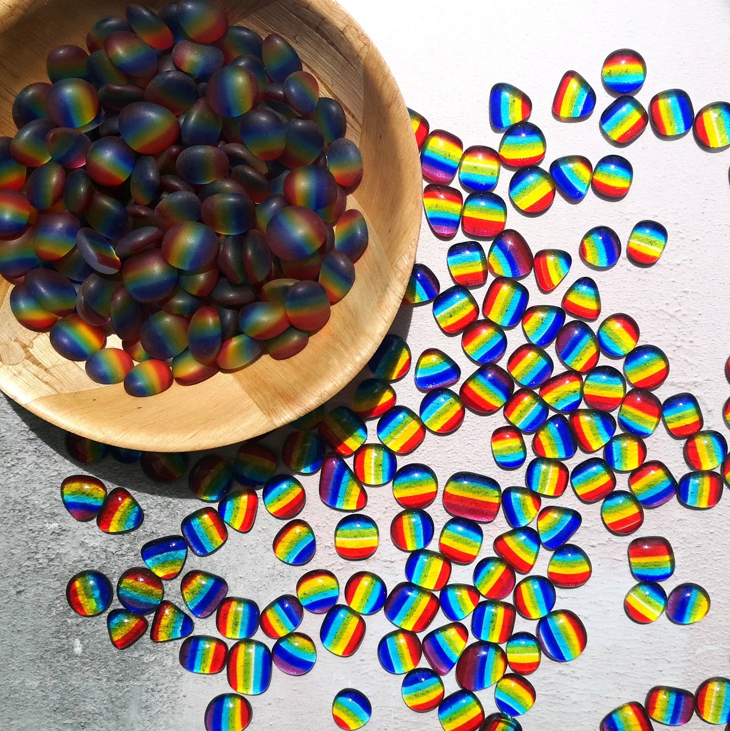 Tumbled frosted weathered seaglass, smooth polished shiny little rainbow pieces, mixed multicoloured pebbles, cabachons for use in art projects, mosaic, picture making, jewellery