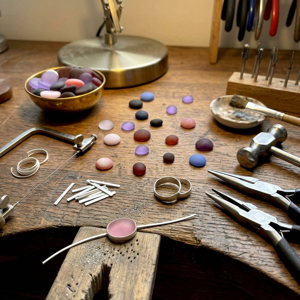 A jewelry maker's workbench with various tools including pliers, a hammer, a saw, and a lamp, alongside loose polished gemstones in multiple colors, metal rods, and two finished rings.