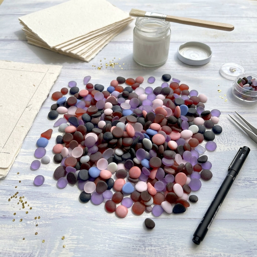 A pile of colorful round craft or craft-filling pieces in assorted pastel and muted tones, arranged on a light painted wood surface with tools and materials around them, including folded beige paper, a small jar, scissors, glue, and a black pen.