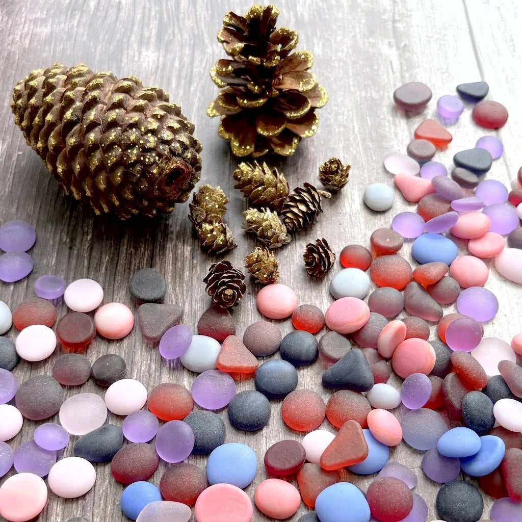 A styled flat-lay of craft supplies on a gray wood background, featuring glittery gold pinecones alongside many pastel and translucent tumbled sea glass pebbles in pink and purple