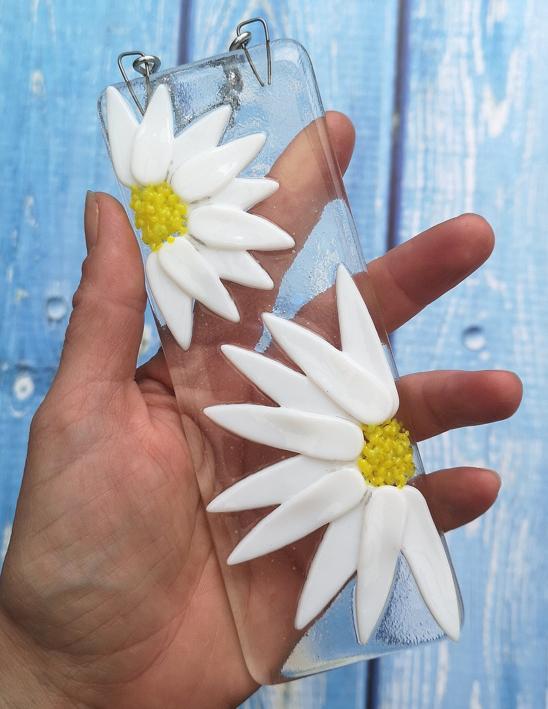 Handmade 3D fused glass Flowers Hanging Picture, suncatcher. Floral decoration, ornament, flower wall art, garden picture gift. Daisy, sunflower.