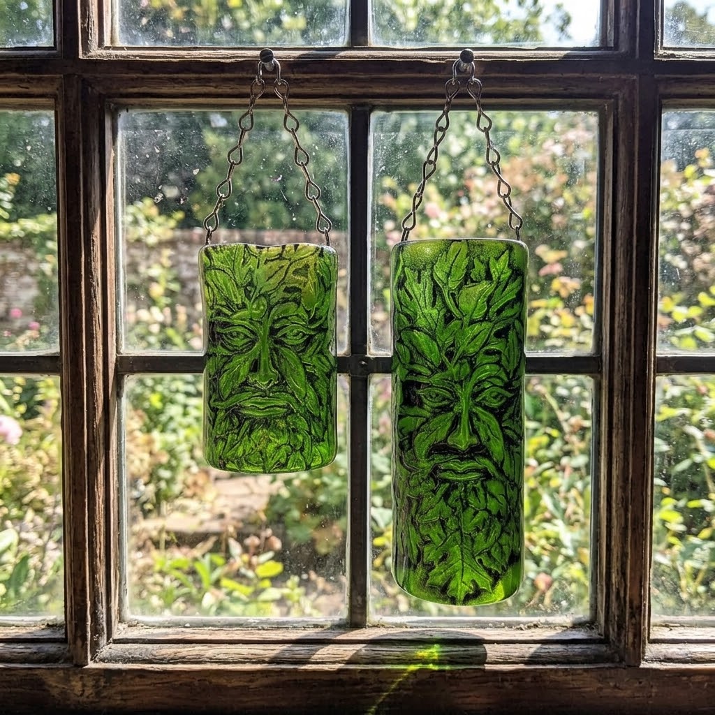 Two green hanging suncatchers with carved leafy Green Man face designs, suspended from chains in front of a rustic wooden window with a garden view. 3D curved arch shaped ornaments.