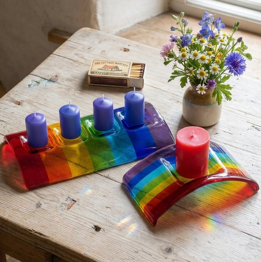 Handmade fused glass curved rainbow bridge candle holder. Free standing rainbow arch tealight candle holder. Brightly coloured glass gift. Suncatcher, light catcher. Gift for pet loss, remembrance.
