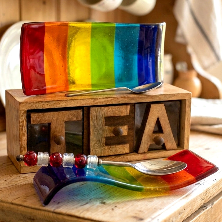 A set of hand-forged rainbow glass tea and cooking accessories, including a rectangular plate or free standing picture suncatcher, a tea spoon, and a curved spoon rest, displayed on a wooden block spelling 'TEA' on a rustic wooden table.