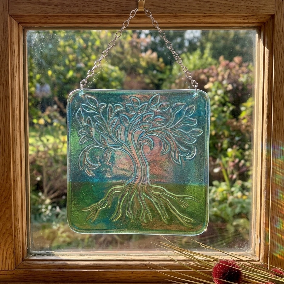 A square glass suncatcher featuring an embossed tree of life design, hanging from a metal chain in front of a wooden window with a garden background.