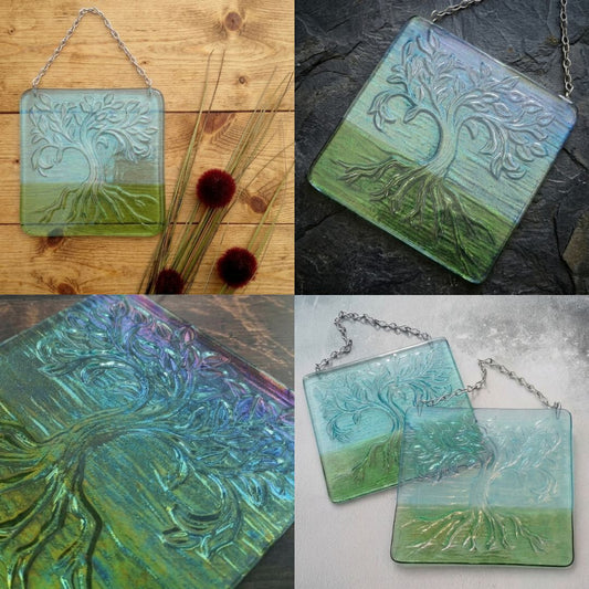 Collage of several different images. Handmade fused glass Tree Of Life hanging picture. Wall plaque suncatcher, nature. Iridised glass, sacred tree light catcher.