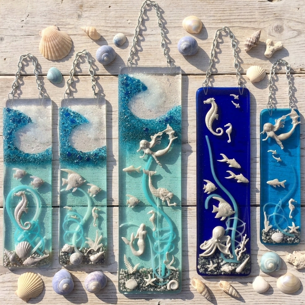 Five different rectangular glass hanging pictures with ocean-themed designs, displayed on a light wood surface with seashells around them. The suncatchers feature turquoise, blue, and deep cobalt blue gradients with white seashells, mermaids, fish, octopus, and seahorse details.