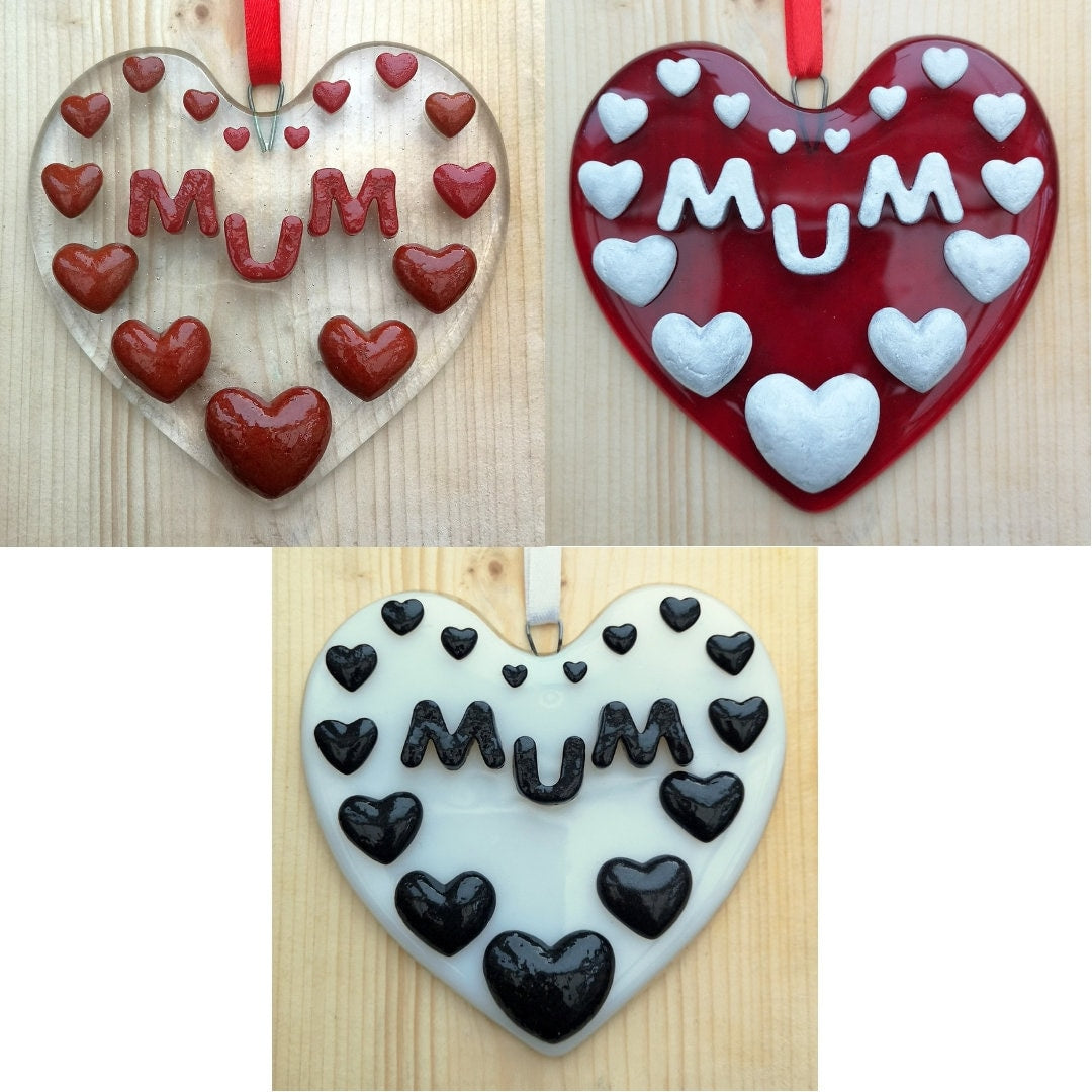 Handmade fused glass 3D Mum hanging heart picture decoration. Suncatcher, Mothers day present, gift for Mum, Nan, Grandmother. Glass love heart.