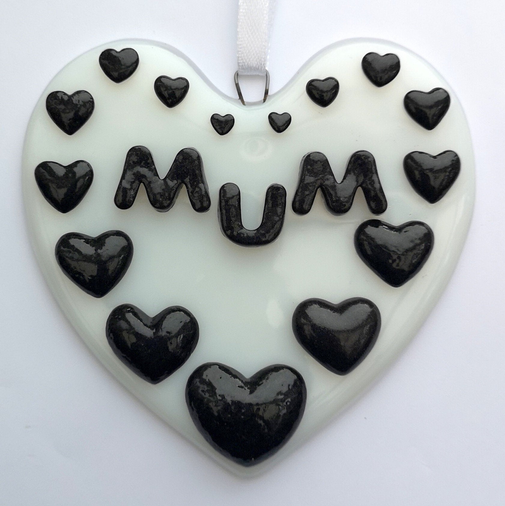 Handmade fused glass 3D Mum hanging heart picture decoration. Suncatcher, Mothers day present, gift for Mum, Nan, Grandmother. Glass love heart.