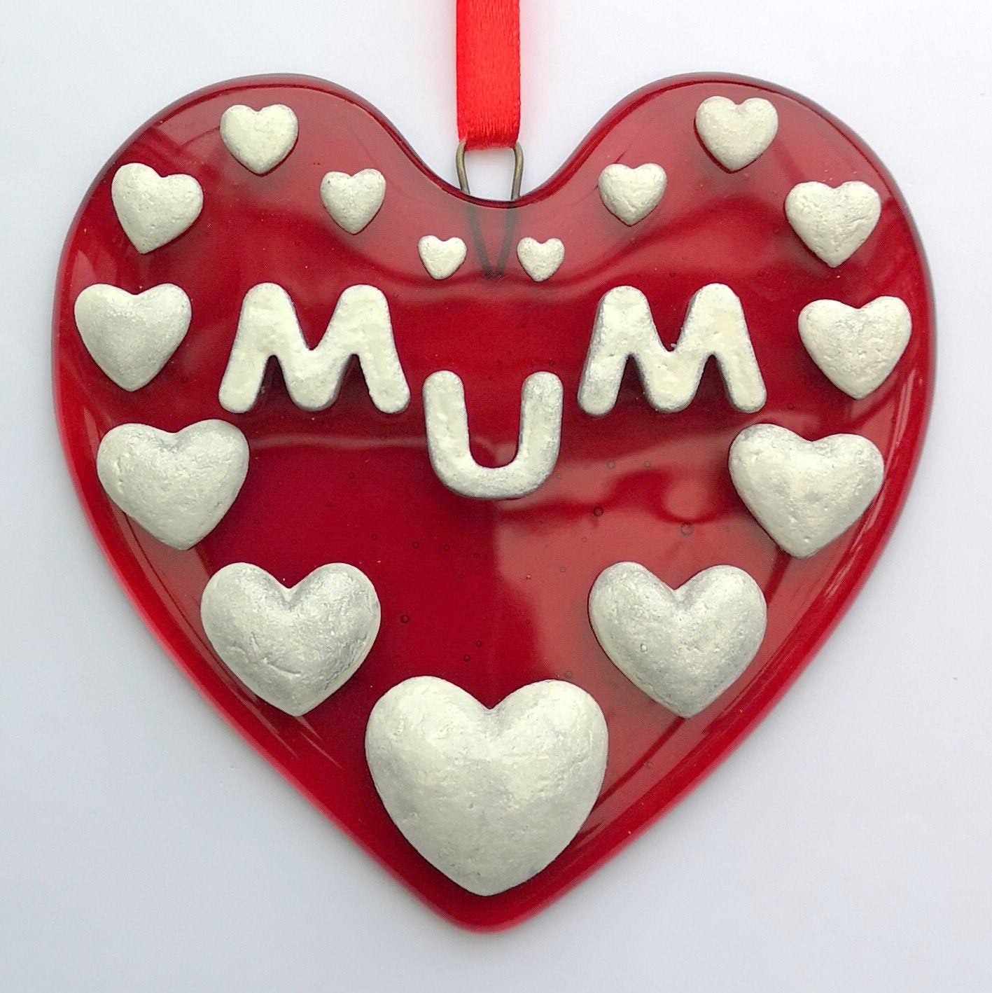 Handmade fused glass 3D Mum hanging heart picture decoration. Suncatcher, Mothers day present, gift for Mum, Nan, Grandmother. Glass love heart.