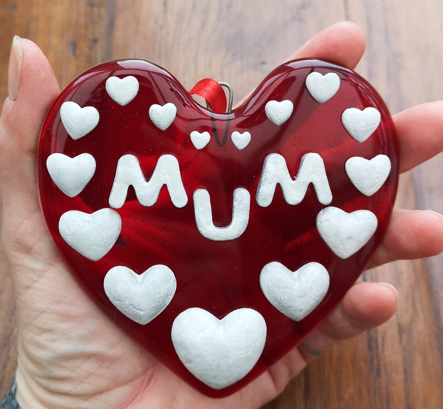 Handmade fused glass 3D Mum hanging heart picture decoration. Suncatcher, Mothers day present, gift for Mum, Nan, Grandmother. Glass love heart.